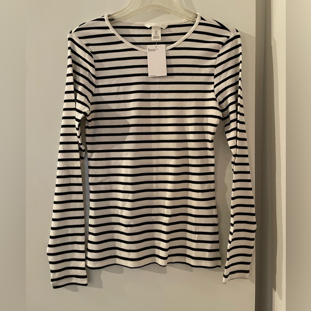 H&M Cotton Breton Striped Long Sleeve Crew Neck T Shirt Wht/Blk NWT